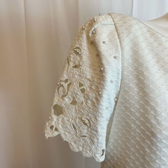 Vintage 1990s Mary McFadden Collection White Shift Dress Pearl Bridal Size 10 - Picture 3 of 7